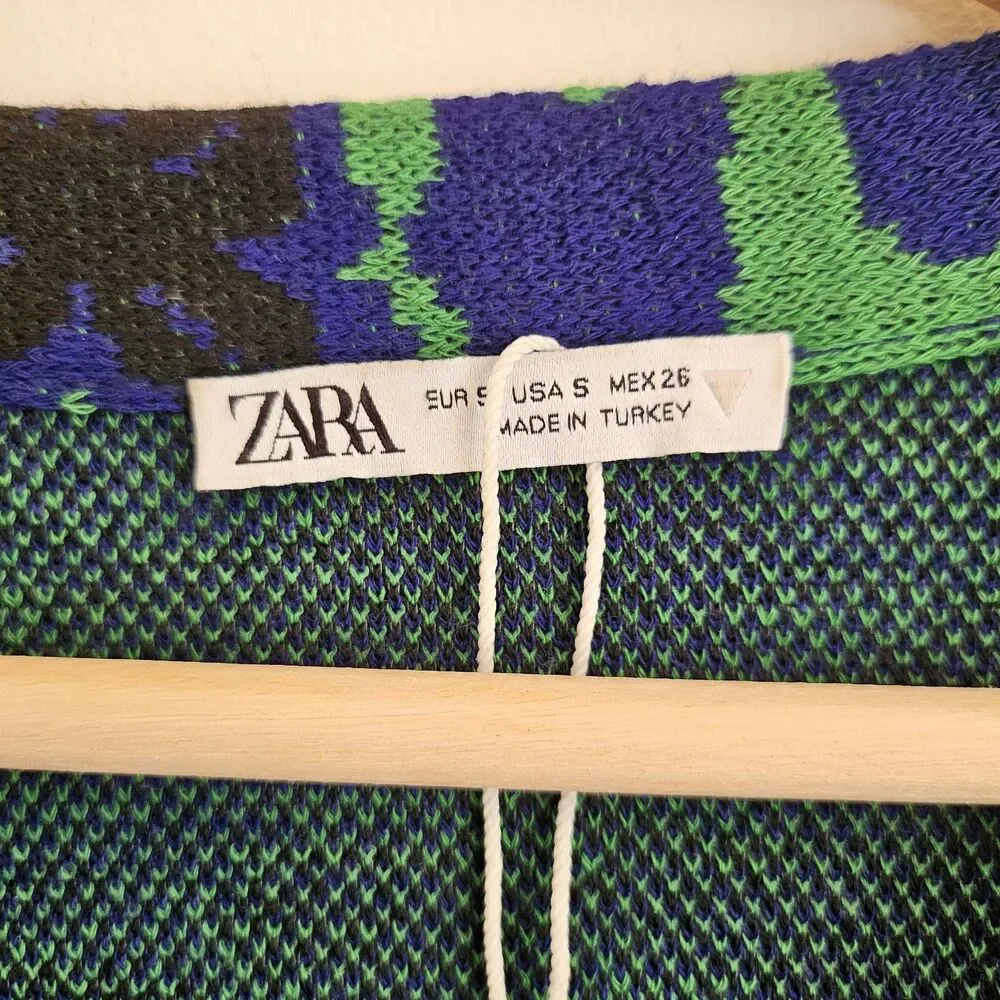 ZARA Jacquard Floral Knit V-Neck Cardigan – Size Small – Green & Black – EUC - Picture 4 of 9